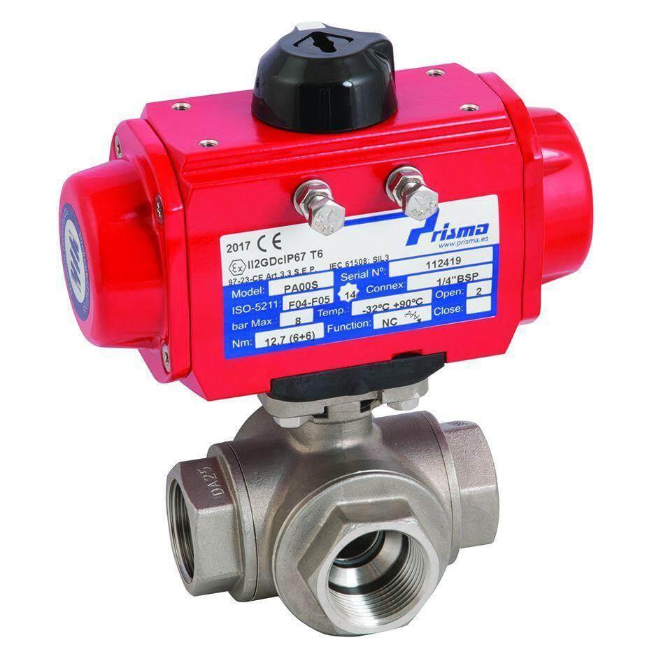Actuated Stainless 3 Way L Port Ball Valve fitted with Prisma Double Acting Actuator - AK Valves Ltd
